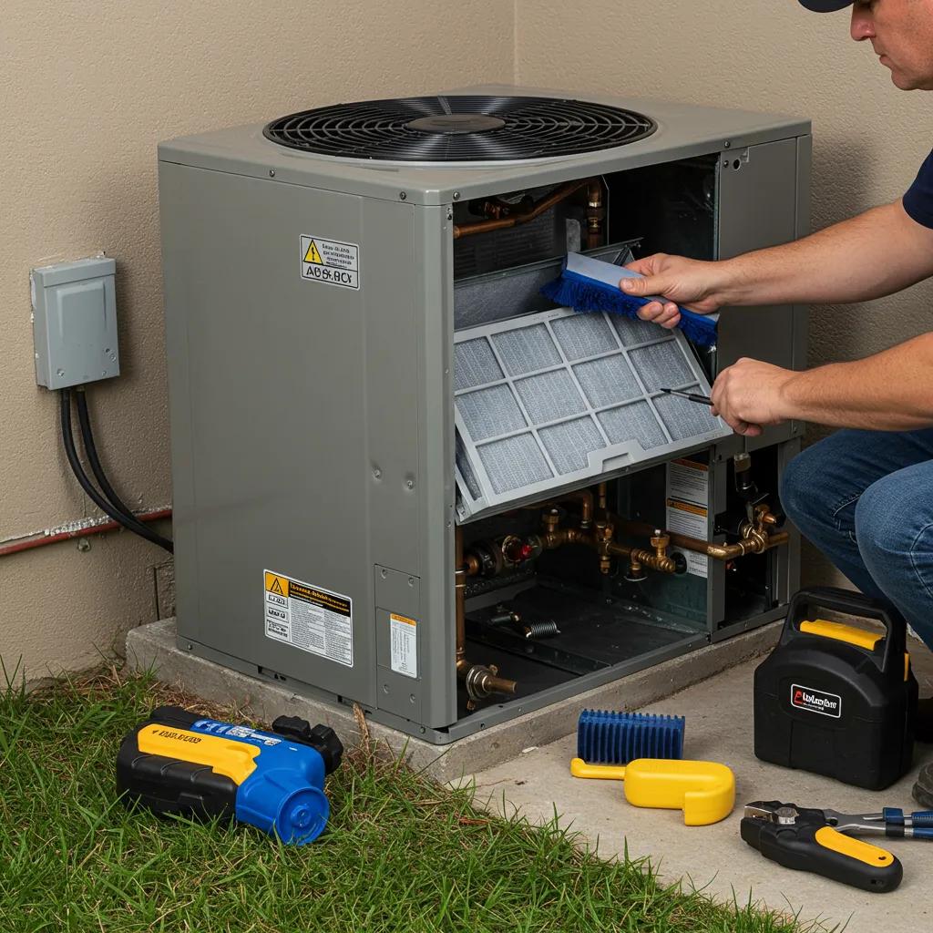 Technician performing HVAC maintenance in a Florida home