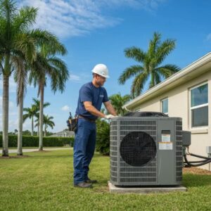 Technician installing a heat pump system in a residential setting in Winter Haven, Florida