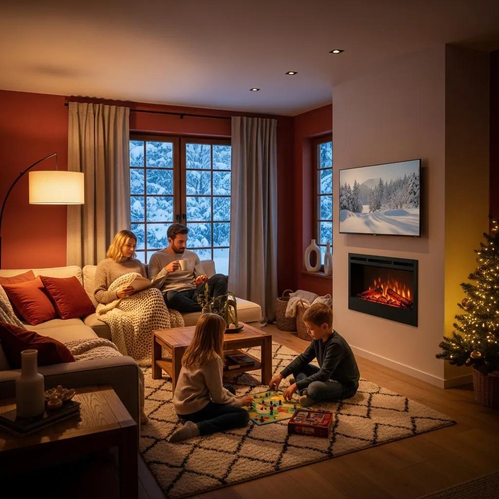 Cozy living room with a modern heating system, showcasing family comfort during winter